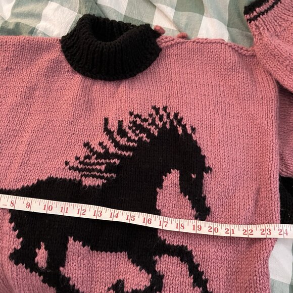 Handmade Vintage Knit Horse Sweater Womens Pink Black 80s 90s Granny - Picture 5 of 7